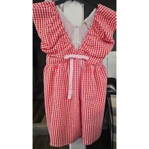NWT Cottagecore La Ven Red Gingham Ruffle V-Neck Dress with Pink Bow Acc Size L